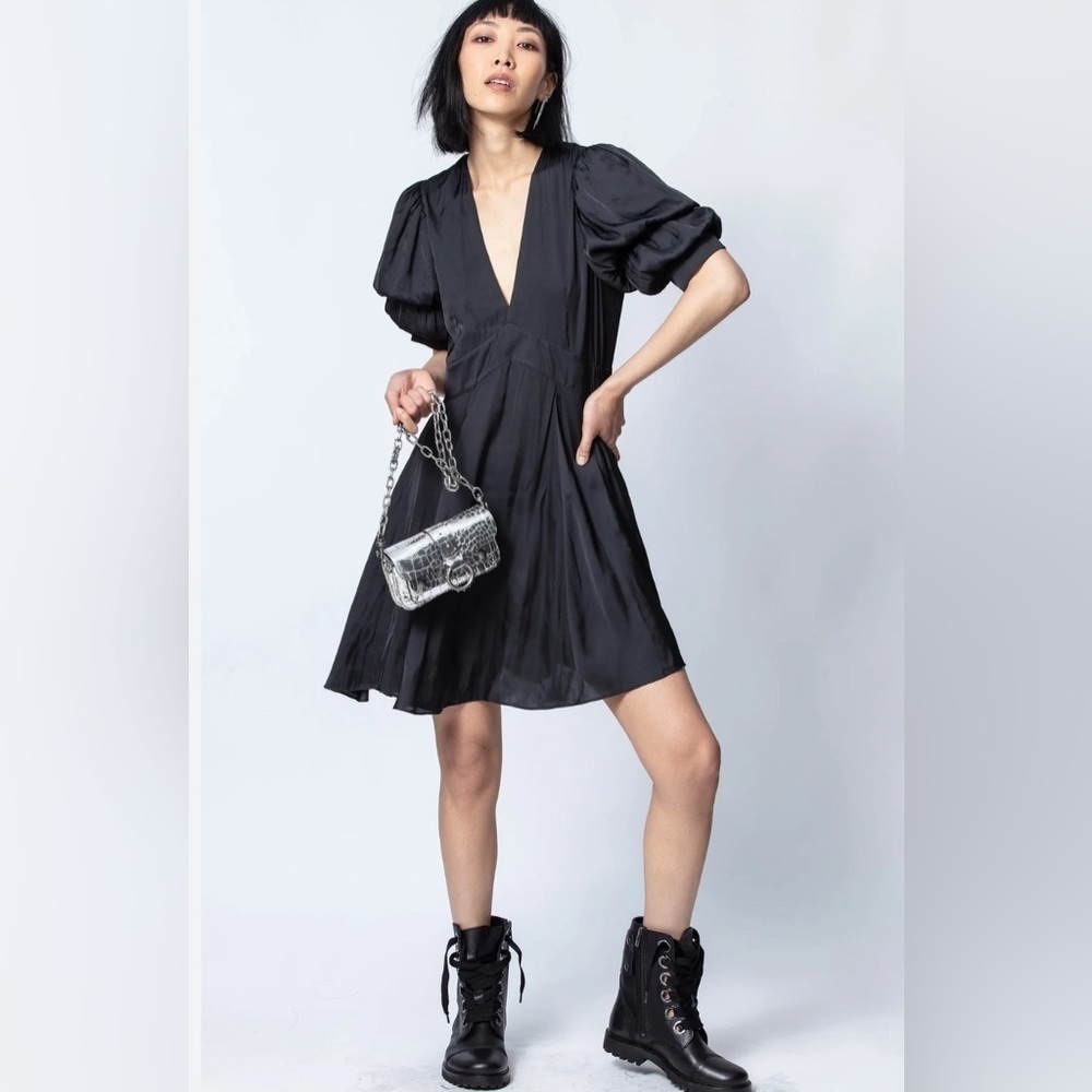 Zadig & Voltaire Royas Tiered Sleeve Satin Mini Dress in Black Size XS - Picture 2 of 14